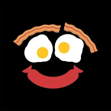 Smiley breakfast face with bacon eyebrows, fried egg eyes, and a red smile,.. Illustrazione stock