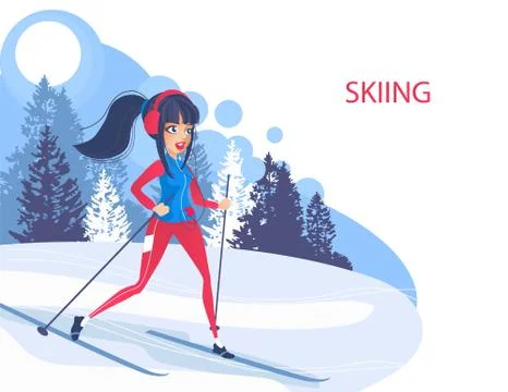 Smiley character quickly in the winter skiing down the mountain. Winter sports Stock Illustration