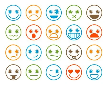Smiley emoticons vector icon set in flat line circle button Stock Illustration