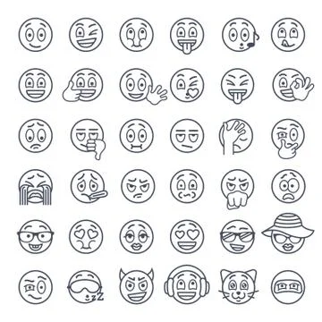 Smiley face emoji thin lines flat vector icons set Stock Illustration