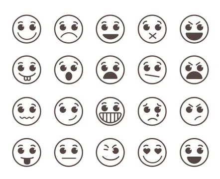 Smiley face flat line vector icons set with funny facial expressions Stock Illustration