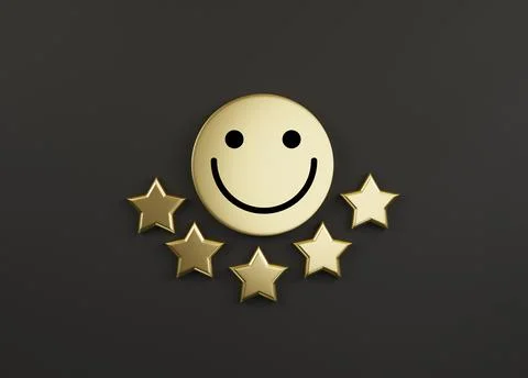 Smiley face on golden circle with five gold stars on black background Stock Illustration