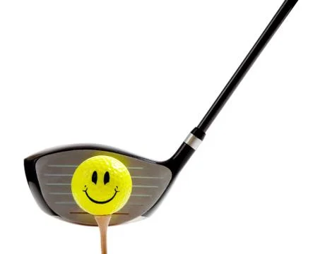 Smiley face golf ball on a tee with a driver on white Stock Photos