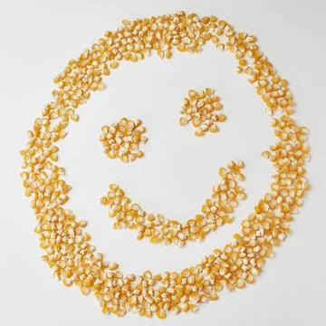 Smiley face made from corn seeds on a white background, the emotion is cheerf Stock Photos