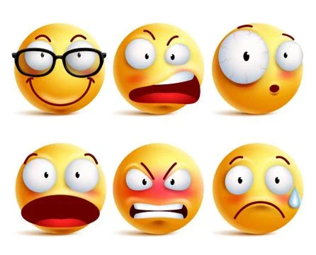 Smiley face or emoticons vector set in yellow with facial expressions Stock Illustration