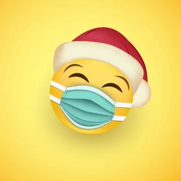 Smiley face in protective surgical mask and santa hat. Coronavirus outbreak icon Stock Illustration