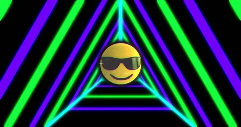 Smiley face with sunglasses animation over neon green and blue triangular lines Stock Footage 305366535