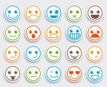 Smiley face vector emoticon set in white flat icon sticker Stock Illustration
