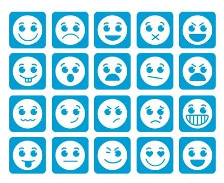 Smiley face vector icons in square flat blue buttons with emotions Stock Illustration