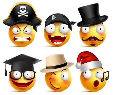 Smiley face vector set of funny toothless pirate, magician, graduate Stock Illustration