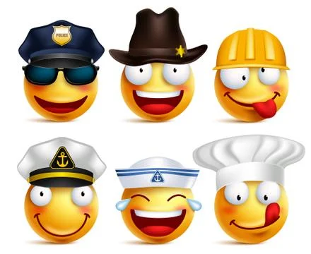 Smiley face vector set of professions with hats like police, seafarer, chef Stock Illustration