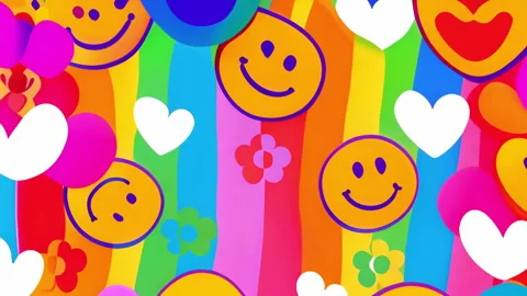 Smiley faces and hearts animation over colorful rainbow background with flowers Stock Footage 308771911