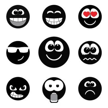 Smiley faces expressing different feelings, black and white version Stock Illustration