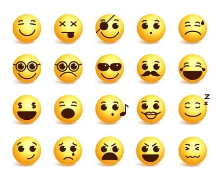 Smiley faces vector emoticons set with funny facial expressions Stock Illustration