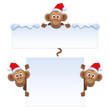 Smiley monkey head in Christmas red hat peeking from behind a blank banner. Illustrazione stock