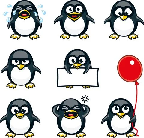Smiley penguins individually grouped for easy copy-n-paste. Stock Illustration