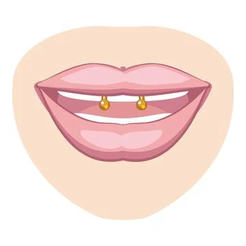 Smiley piercing showing two golden barbells in bottom lip Stock Illustration