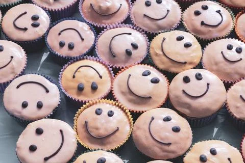 Smiley . Smiley cakes on table. Stock Photos