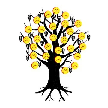 Smiley. Vector sad face. A tree festooned sad emojis. Likes on social network Stock Illustration