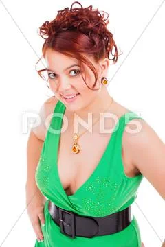 Smiley young woman woman in green dress Stock Photos