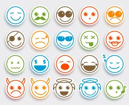 Smileys face vector emoticons set in white flat icon sticker Stock Illustration