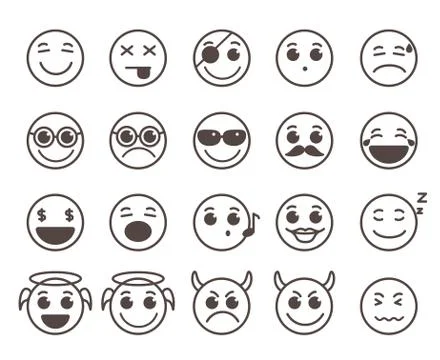 Smileys faces flat line vector icons set with funny facial expressions Stock Illustration