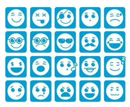 Smileys faces vector icons in square flat blue buttons with emotions Stock Illustration