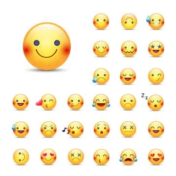 Smileys vector icon set. Emoticons pack. Happy, merry, singing, sleeping, nin Illustrazione stock