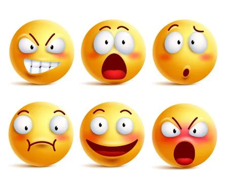 Smileys vector set. Smiley face or yellow emoticons with facial expressions Stock Illustration