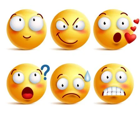 Smileys vector set. Yellow smiley face or emoticons with facial expressions Stock Illustration