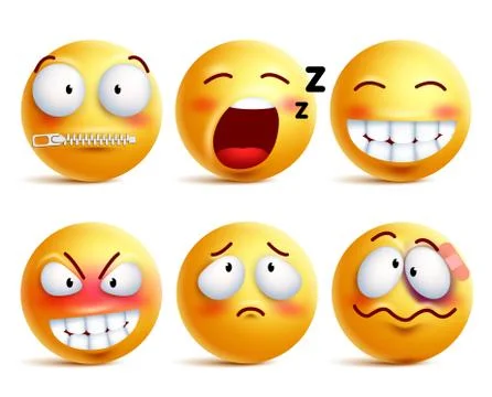 Smileys vector set. Yellow smiley face or emoticons with facial expressions Stock Illustration