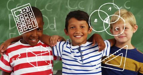 Smiling 3 boys linking at class front, wearing striped tees, showing calculator Stock Photos