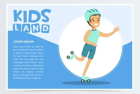 Smiling active boy rollerblading, kids land banner flat vector element for Illustrazione stock