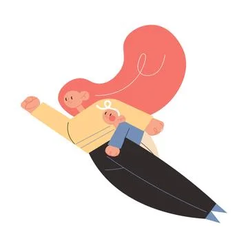 Smiling active young red haired woman mother flying as superhero Stock Illustration