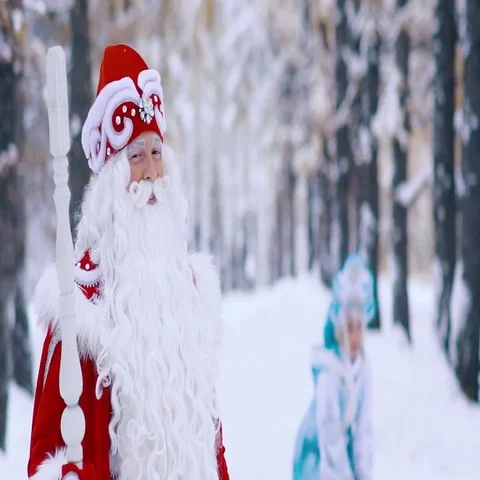 Smiling actors dressed in New Year costumes waving hand to each other Stockbeeldmateriaal 69676232