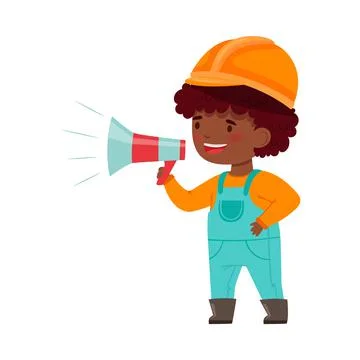Smiling African American Boy Builder in Hard Hat and Overall Speaking Megaphone Stock Illustration