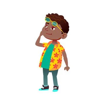 Smiling african boy infant looking at monument on excursion cartoon vector Stock Illustration