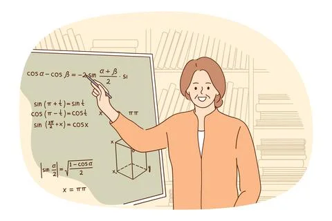 Smiling aged teacher hold math class in school Stock Illustration