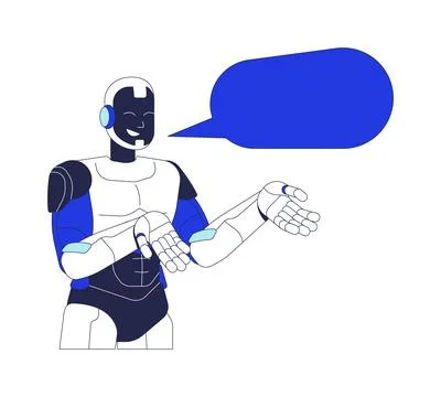 Smiling AI robot communicating with empty speech bubble 2D cartoon character Illustrazione stock