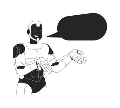 Smiling AI robot communicating with empty speech bubble 2D line character Stock Illustration