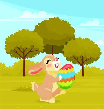 Smiling and happy Easter Rabbit, or Easter Bunny holding egg with color pattern イラスト素材