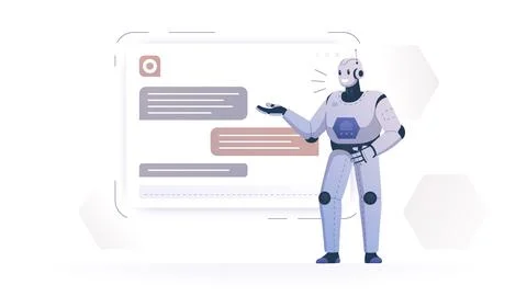 A smiling and talking robot performing in front of an audience Stock Illustration