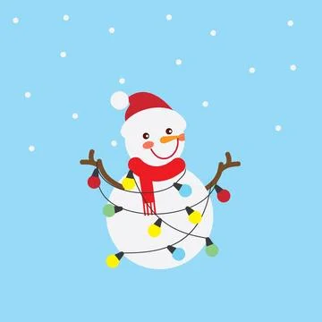 Smiling and Tangled Snowman in Cable Lights Christmas Stock Illustration