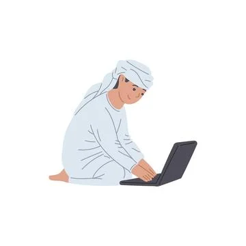 Smiling arab boy using laptop, flat vector illustration isolated on white Illustrazione stock
