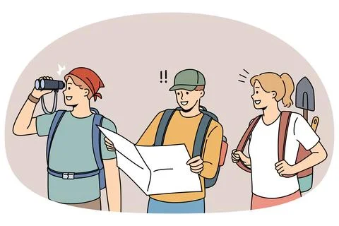 Smiling archeologists with map searching for artifacts Illustrazione stock