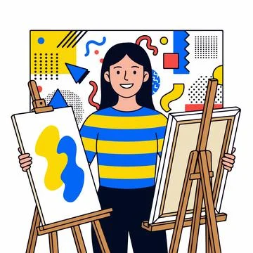 Smiling Artist with Two Easels 库存插图