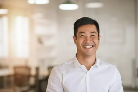 Smiling Asian businessman standing in a bright modern office Stock Photos