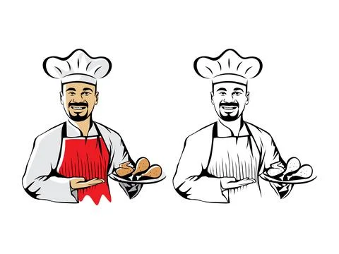 Smiling asian chef with fried chicken vector drawing Stock Illustration