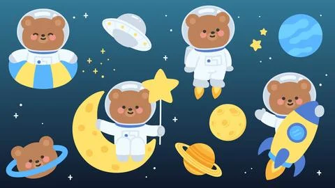 Smiling Astronaut Bear Vector Set with Moon and Space Elements Stock Illustration