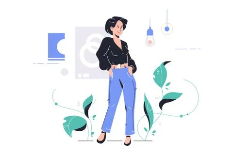 Smiling attractive young girl standing in modern room. Illustrazione stock